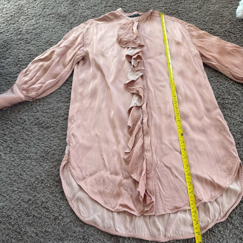 Zara Collection Rose Gold Blush Copper Ruffled Satin Shirt Dress Oversized M - Picture 8 of 11